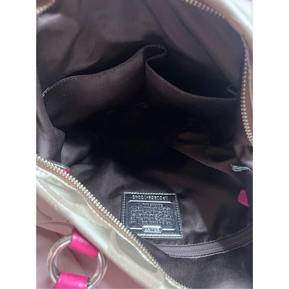 Coach Signature Poppy Canvas Contrast Trim Tote Shoulder Bag Beige Pink Large GU - Picture 5 of 6